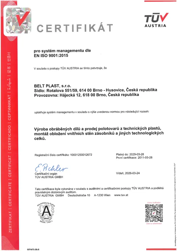 Certifikát ISO 9001:2015 — TÜV AUSTRIA, BELT PLAST s.r.o.